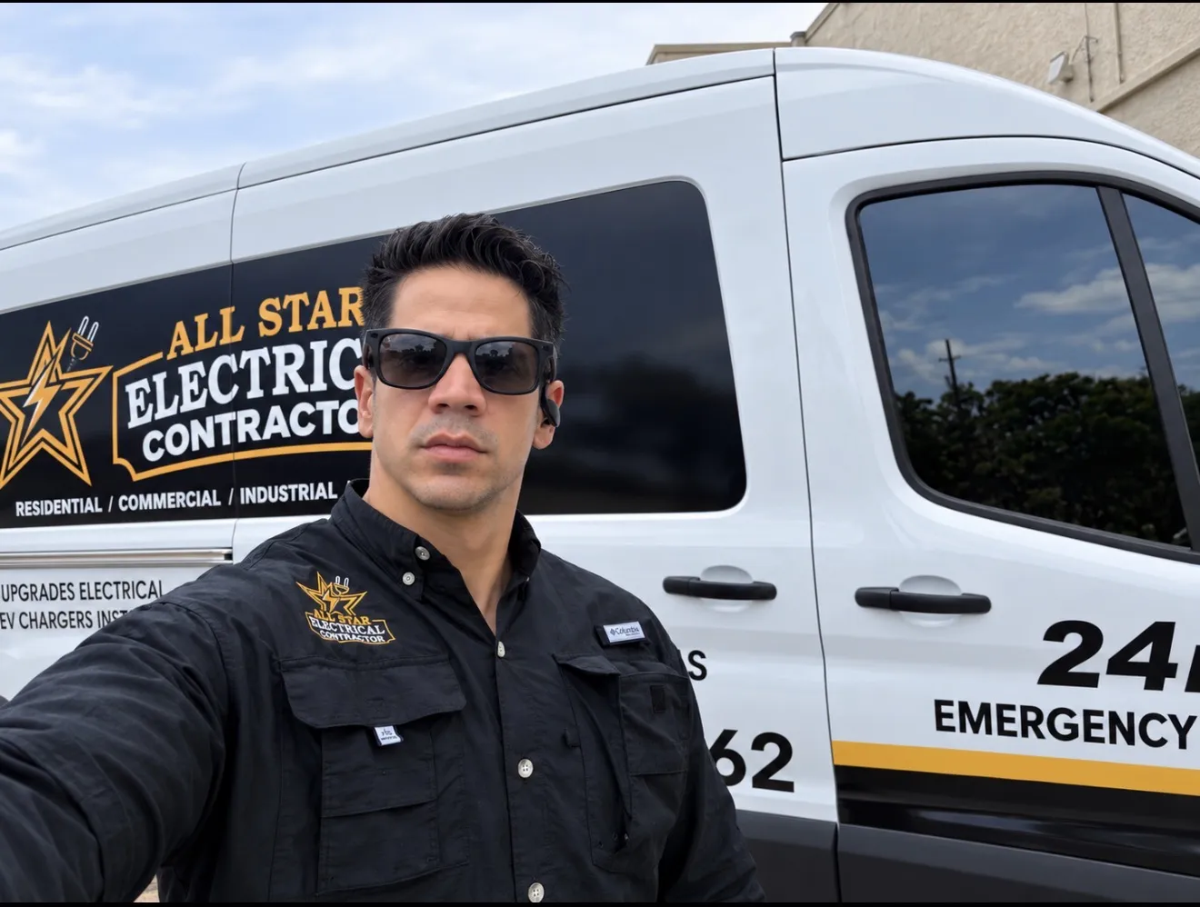 Alejandro Iglesias of All Star Electrical Contractor with the company service van in Miami-Dade